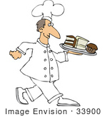 #33900 Clip Art Graphic Of A Friendly Male Caucasian Chef In Uniform Carrying A Tray Of Chocolate And Vanilla Cake And A Cupcake In A Bakery