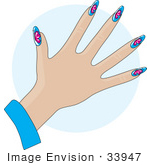 #33947 Clip Art Graphic Of A Lady’S Hand With Butterfly Decals On Blue Acrylic Nails