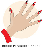 #33949 Clip Art Graphic Of A Lady’S Hand With Red Ying Yang Gel Acrylic Nails