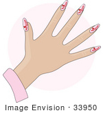 #33950 Clip Art Graphic Of A Lady’S Hand With Gel Red Hearts On Pink Gel Acrylic Nails