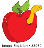 #33962 Clip Art Graphic Of A Worm Or Caterpillar Coming Out Of A Hole In A Red Apple