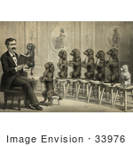 #33976 Stock Illustration Of A Man Surrounded By Dogs Sitting Up And Begging On Stools One Dog In His Hand As He Reads Them A Book