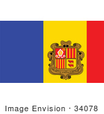 #34078 Clip Art Graphic Of The Blue Red And Yellow National Flag Of The Principality Of Andorra With With The Virtus Unita Fortior Coat Of Arms