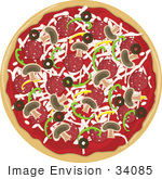 #34085 Clip Art Graphic of a Tasty Whole Supreme Pizza Topped With Cheese, Bell Peppers, Mushrooms, Olives And Pepperoni by Maria Bell