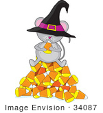 #34087 Clip Art Graphic Of A Hungry Little Halloween Mouse Sitting On A Pyramid Of Candy Corn And Wearing A Witches Hat Eating Candy