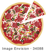 #34088 Clip Art Graphic Of A Slice Of Pizza Being Removed From A Pie With Cheeses Mushrooms Bell Peppers Olives And Pepperoni