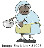 #34093 Clip Art Graphic Of An African American Granny Using A Mixing Bowl To Make Pancakes For Her Family