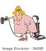 #34095 Clip Art Graphic Of A Confused Blond Lady Trying To Plug A Vacuum Into The Wrong Socket