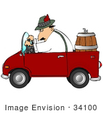 #34100 Clip Art Graphic Of An Oktoberfest Dressed Man Driving A Beer Keg To A Party In A Convertible Car