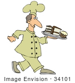 #34101 Clip Art Graphic Of A Chef With Cakes And Muffins On A Tray