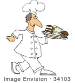 #34103 Clip Art Graphic Of A Chef Dressed In White Carrying A Tray Of Cakes And Muffins