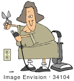 #34104 Clip Art Graphic Of A Lady Snipping Off Part Of A Vacuum Cord To Plug It Into A Socket