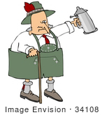 #34108 Clip Art Graphic of a Funny Senior Oktoberfest Man Holding Up A Beer Stein And Walking With A Cane by DJArt