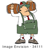 #34111 Clip Art Graphic Of An Oktoberfest Man Delivering Beer Kegs Carrying Two Wood Barrels On His Shoulders