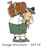#34114 Clip Art Graphic Of A Hunched Over Oktoberfest Man Pulling On A Rope Around A Beer Keg On His Back