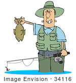 #34116 Clip Art Graphic Of A Man Grinning And Holding His Tough Catch While Wading In The Water With His Pole