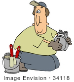 #34118 Clip Art Graphic Of A Confused Man Kneeling On The Ground And Working On A Gas Meter