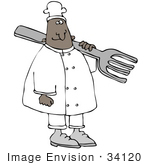 #34120 Clip Art Graphic Of A Male African American Chef In A White Uniform Carrying A Giant Silver Fork On His Shoulder