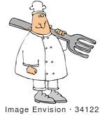 #34122 Clip Art Graphic Of A Caucasian Male Chef In White Carrying A Giant Fork Over His Shoulder