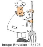 #34123 Clip Art Graphic Of A Caucasian Chef Man In White Holding Up A Giant Silver Fork