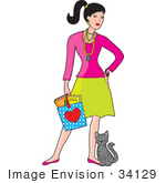 #34129 Clip Art Graphic Of A Fashionable Young Woman Carrying A Bag And Standing With A Kitten