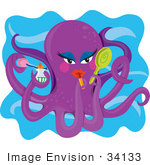 #34133 Clip Art Graphic Of A Beautiful Purple Octopus Applying Makeup And Using A Hand Mirror