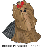 #34135 Clip Art Graphic Of A Pampered Pooch A Yorkie Terrier Dog Wearing A Red Bow