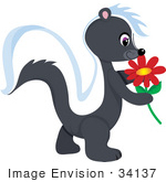#34137 Clip Art Graphic Of A Skunk Smelling A Red Flower While Walking