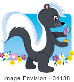 #34138 Clip Art Graphic Of A Skunk Spraying Perfume While Walking In A Garden Of Flowers