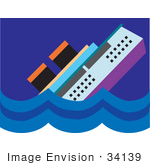 #34139 Clip Art Graphic of a Cruise Ship Resembling Titanic Sinking in the Ocean by Maria Bell