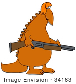 #34163 Clip Art Graphic Of A Hunter Orange Dinosaur In A Hat Carrying A Big Rifle