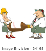 #34168 Clip Art Graphic Of A Heavy Beer Bottle Being Carried By A Man And Woman