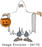 #34170 Clip Art Graphic Of A Boy In A Ghost Costume Under A Sheet Carrying A Pumpkin Basket