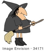 #34171 Clip Art Graphic Of A Warty Witch In Black Preparing To Fly Off On Her Broomstick