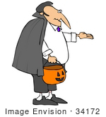 #34172 Clip Art Graphic Of A Middle Aged Man Dressed As Dracula Trick Or Treating