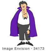 #34173 Clip Art Graphic Of A Purple Caped Vampire Man With Fangs