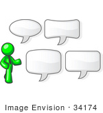 #34174 Clip Art Graphic Of A Green Guy Character Wearing A Business Tie And Standing With Four Different Styled Text Balloons