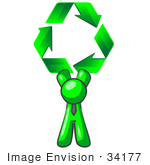 #34177 Clip Art Graphic Of A Green Guy Character Wearing A Business Tie And Holding Green Recycle Arrows High Above His Head