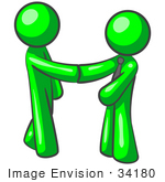 #34180 Clip Art Graphic Of A Green Guy Character Wearing A Business Tie And Shaking Hands With A Client On The Pursuit Of Green Energy