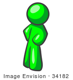 #34182 Clip Art Graphic Of A Green Guy Character Standing With His Hands On His Hips Leaning Slightly To The Right