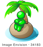 #34183 Clip Art Graphic Of A Green Guy Character Seated In Thought Under The Shade Of A Palm Tree On A Deserted Tropical Island