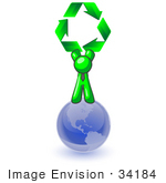 #34184 Clip Art Graphic Of A Green Guy Character Wearing A Business Tie And Standing On Top Of A Blue Globe Holding Green Recycle Arrows Up High