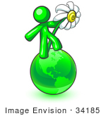 #34185 Clip Art Graphic Of A Green Guy Character Dancing On A Green Globe With A White Daisy Flower