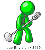 #34191 Clip Art Graphic Of A Green Guy Character Wearing A Business Tie And Tipping A Microphone On A Stand While Rocking Out And Singing On Stage
