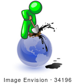 #34196 Clip Art Graphic Of A Green Guy Character Stabbing A Shovel Into A Blue Globe With Oil Spurting Out