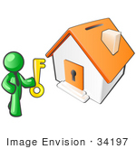 #34197 Clip Art Graphic Of A Green Guy Character Holding A Golden Key And Standing In Front Of An Orange Home With A Coin Slot On The Roof And Key Hole In The Door