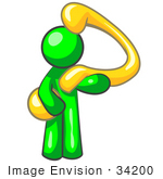 #34200 Clip Art Graphic of a Green Guy Character Holding A Giant Curving Question Mark by Jester Arts