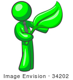 #34202 Clip Art Graphic Of A Green Guy Character Wearing A Business Tie And Holding A Giant Green Organic Leaf