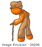 #34206 Clip Art Graphic Of A Senior Orange Man Character In Overalls And A Hat Walking Hunchback With A Cane
