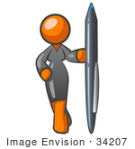 #34207 Clip Art Graphic Of A Successful Orange Woman Character Wearing A Black Dress And Holding Up A Pen